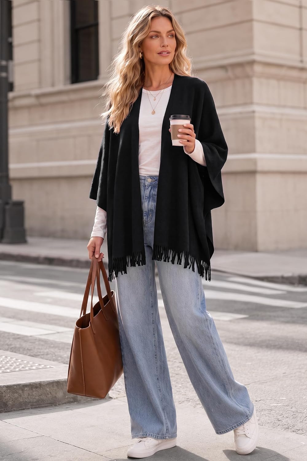 Arach&Cloz Wool-Blend Loop-Front Fringe Shawl — Black, full outfit with wide-leg jeans