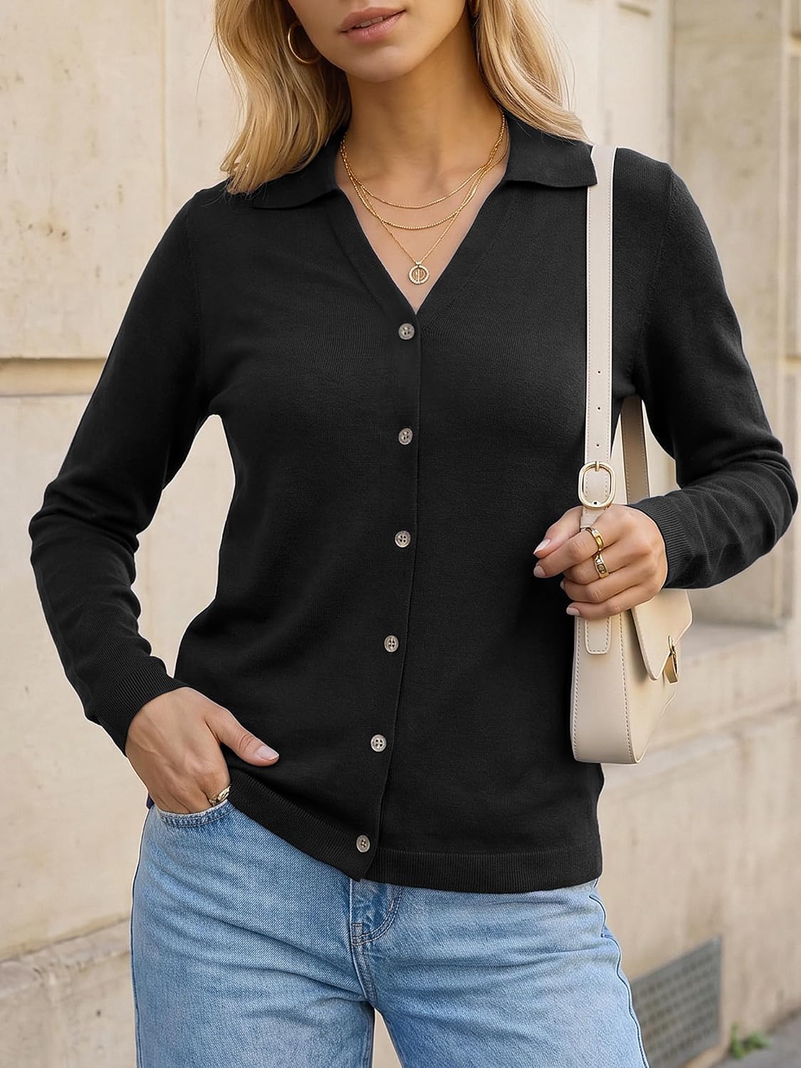 Arach&Cloz Women's Wool Blend Collared Neck Business Casual Cardigan 2026