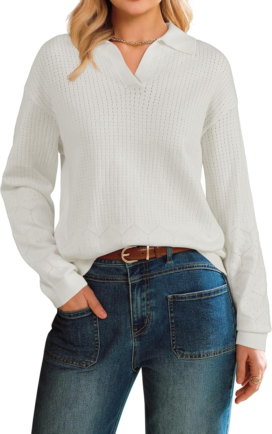 Arach&Cloz 100% Cotton Eyelet-Knit V-Neck Polo Knit Top — product image 2