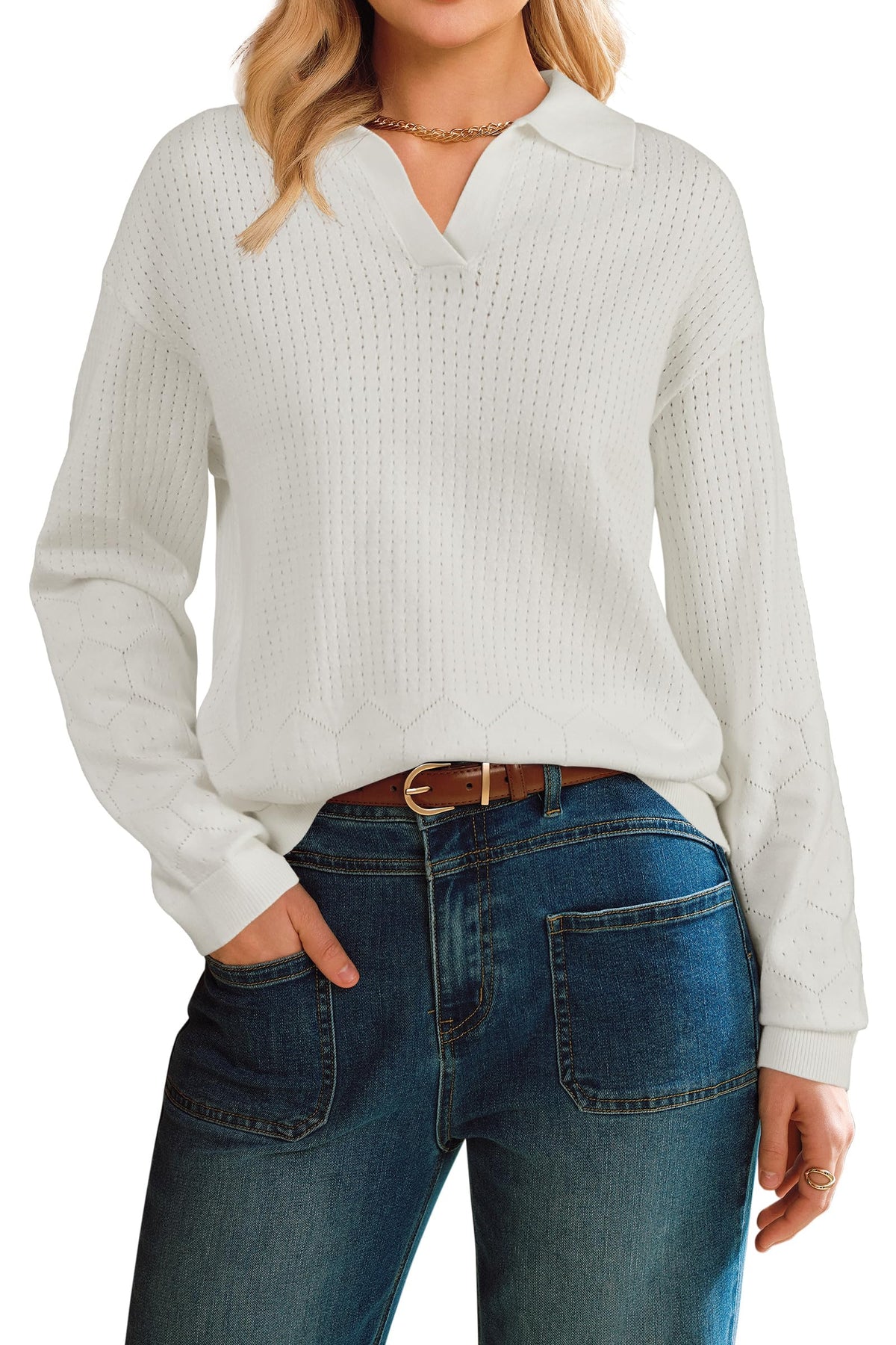 Arach&Cloz 100% Cotton Eyelet-Knit V-Neck Polo Knit Top — product image 9
