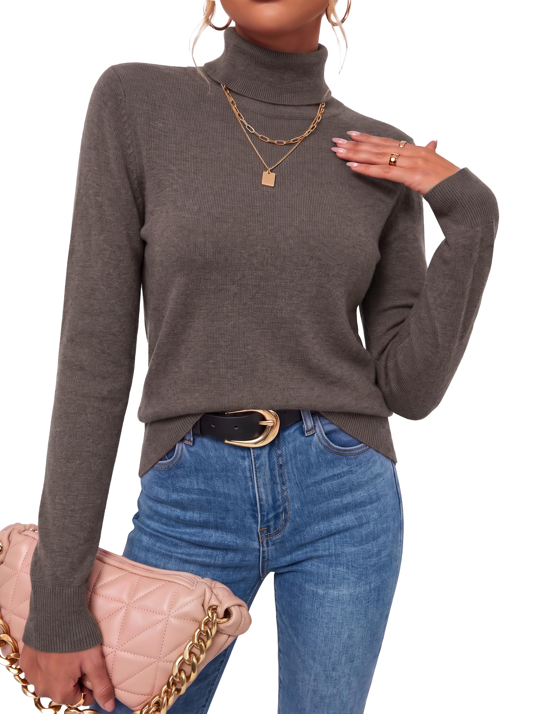 Arach&Cloz Wool-Blend Foldover Turtleneck Pullover — Coffee, front view styled with blue jeans