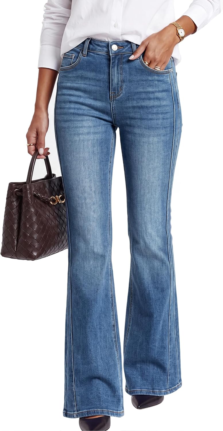 Arach&Cloz blue side-seam bootcut jeans, front view styled with a white shirt