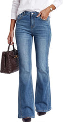 Arach&Cloz blue side-seam bootcut jeans, front view styled with a white shirt