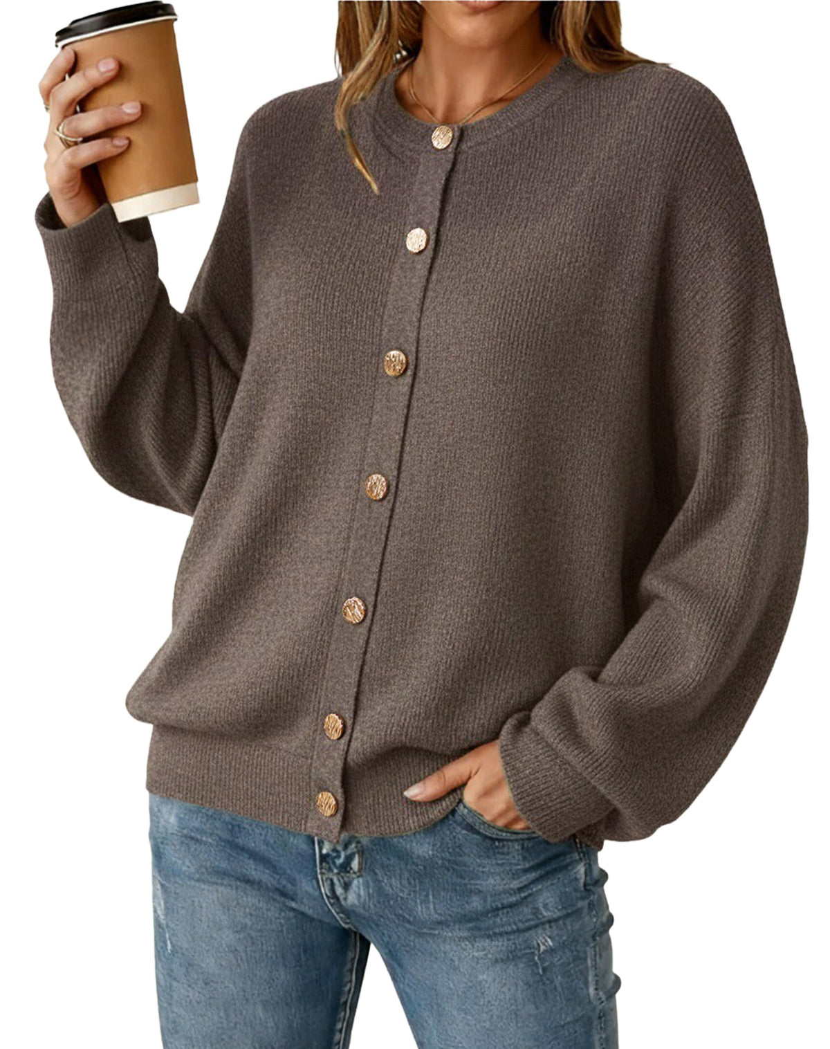 Arach&Cloz Wool-Blend Button-Front Oversized Cardigan — product image 9