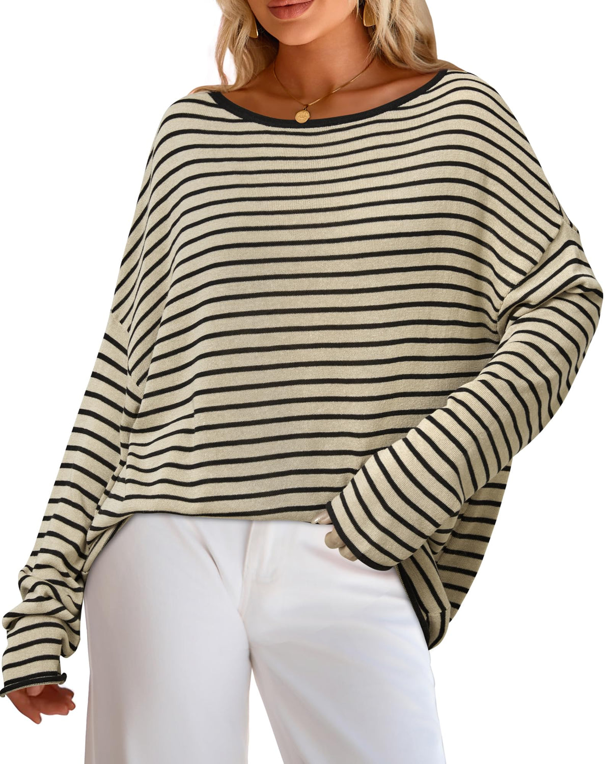Arach&Cloz Linen-Blend Off-Shoulder Oversized Striped Pullover — product image 6