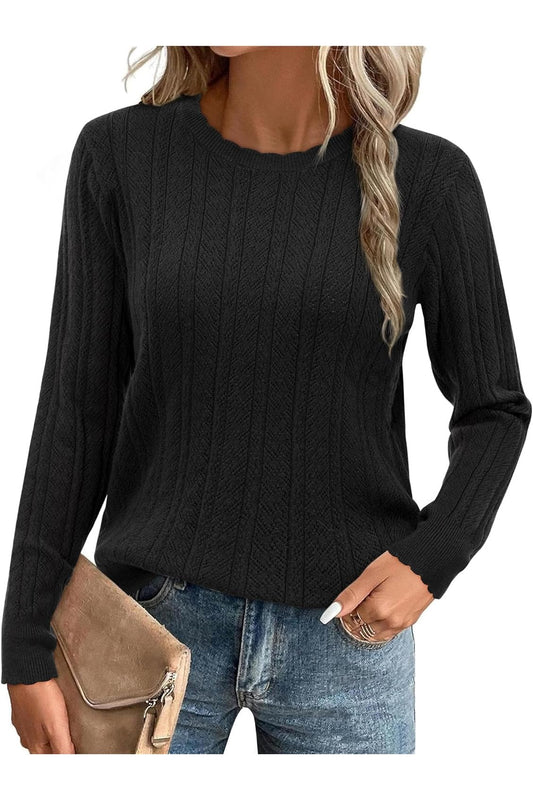 Arach&Cloz Women's Summer Fall Scalloped Lace Cuff Crewneck Tops Textured Shirts