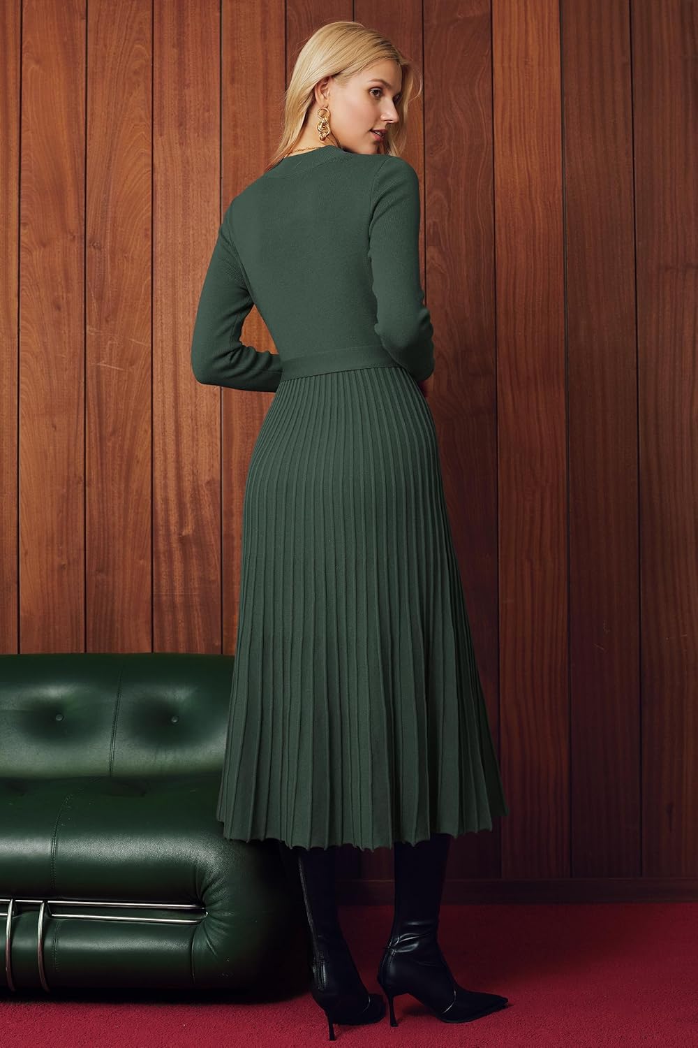 Arach&Cloz Women's Wool Blend Mock Neck Tie Waist Fall Winter Pleated Sweater Dress 2025