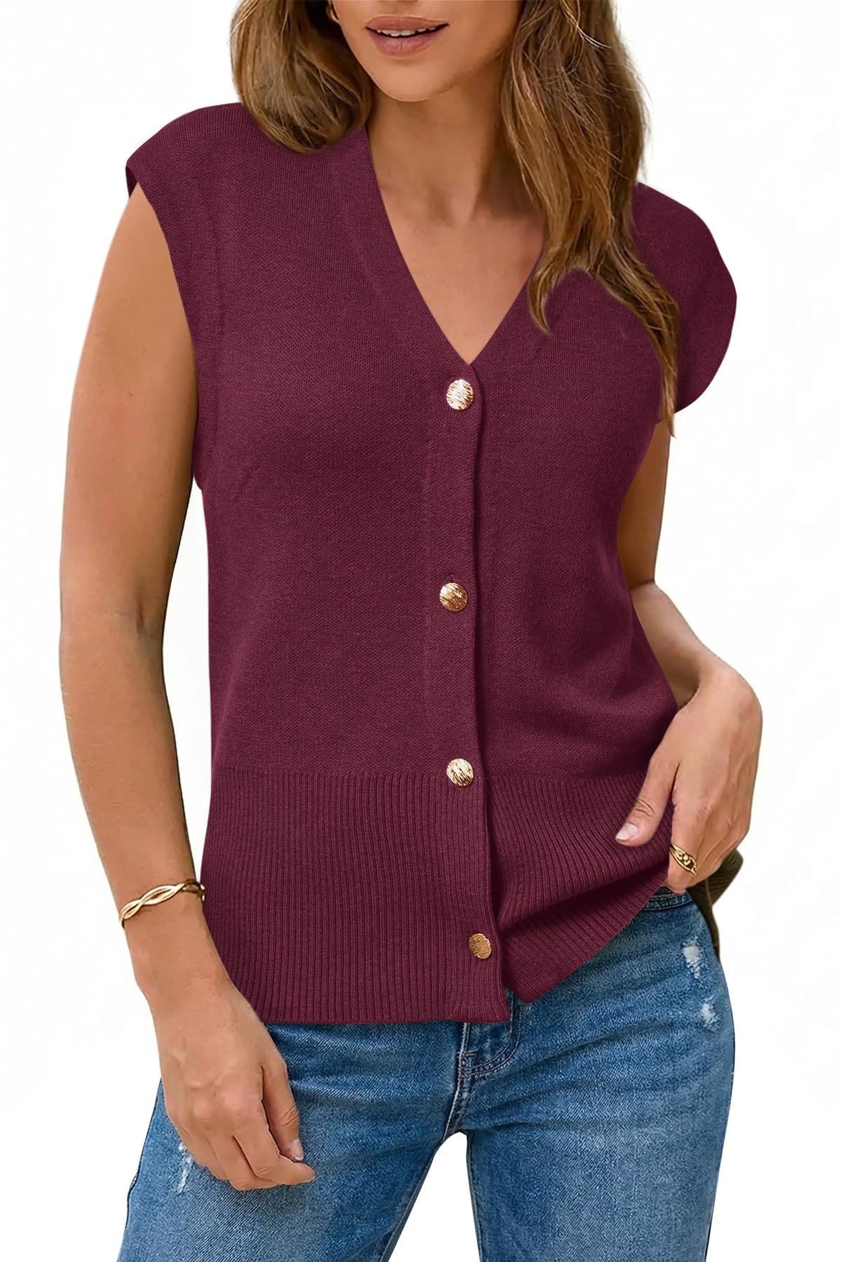 Arach&Cloz Wool-Blend Button-Front V-Neck Sweater Vest — product image 8