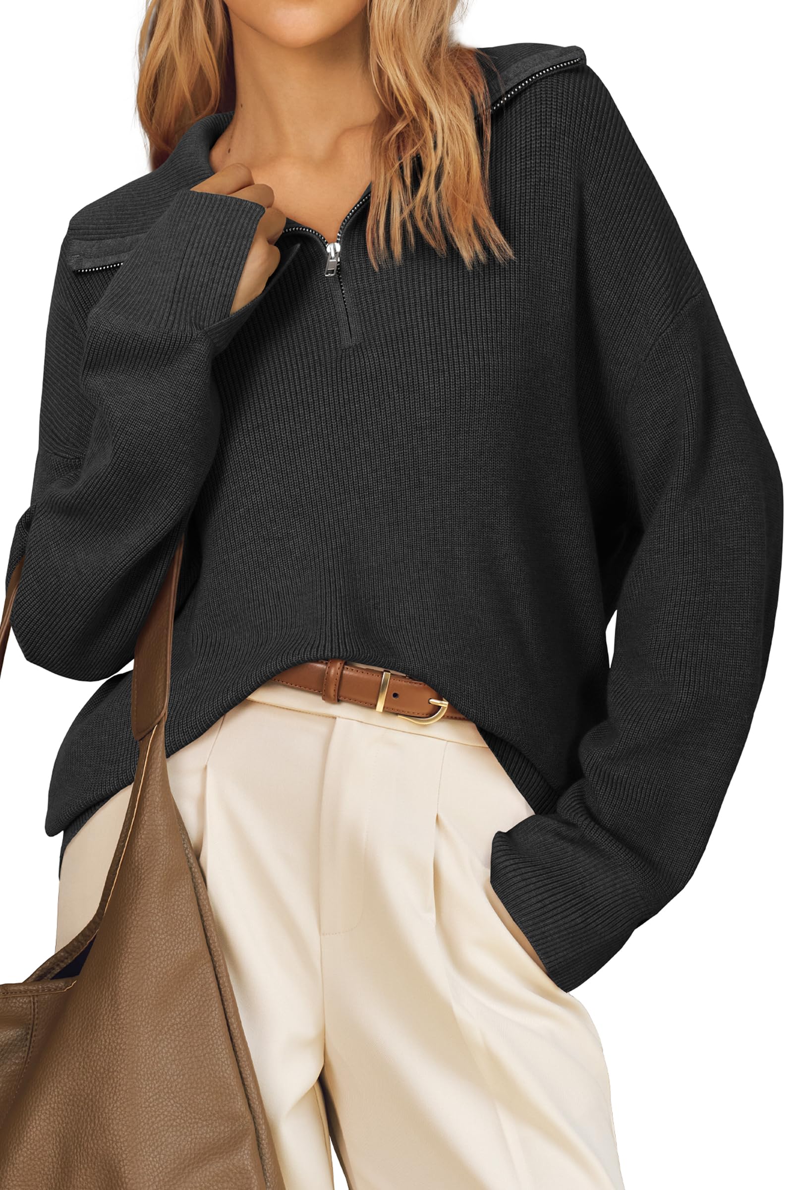 Arach&Cloz Women's Wool Blend Lapel Quarter Zip Fall Winter Trendy Casual Oversized Fit Sweater Top