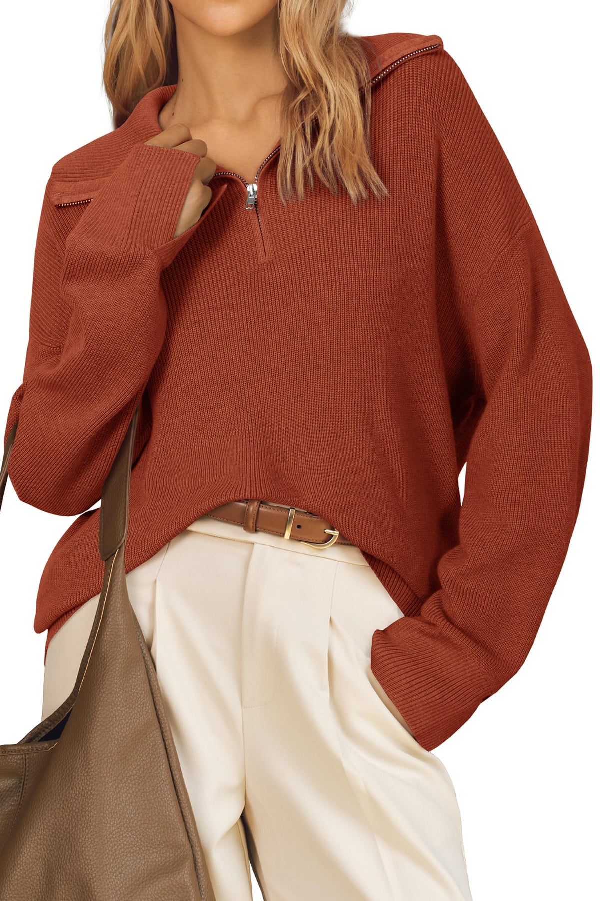 Arach&Cloz Wool-Blend Quarter-Zip Collared Oversized Knit Top — product image 12
