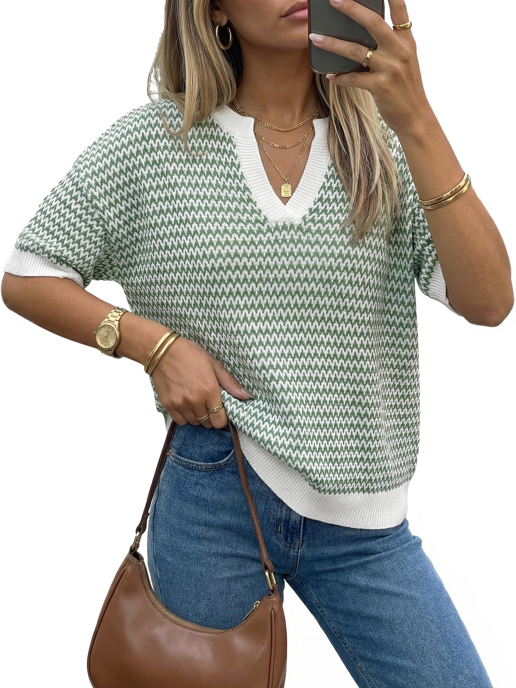 Arach&Cloz Women's Striped Short Sleeve Sweater Work Casual Fashion Trendy