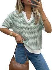 Arach&Cloz Women's Striped Short Sleeve Sweater Work Casual Fashion Trendy