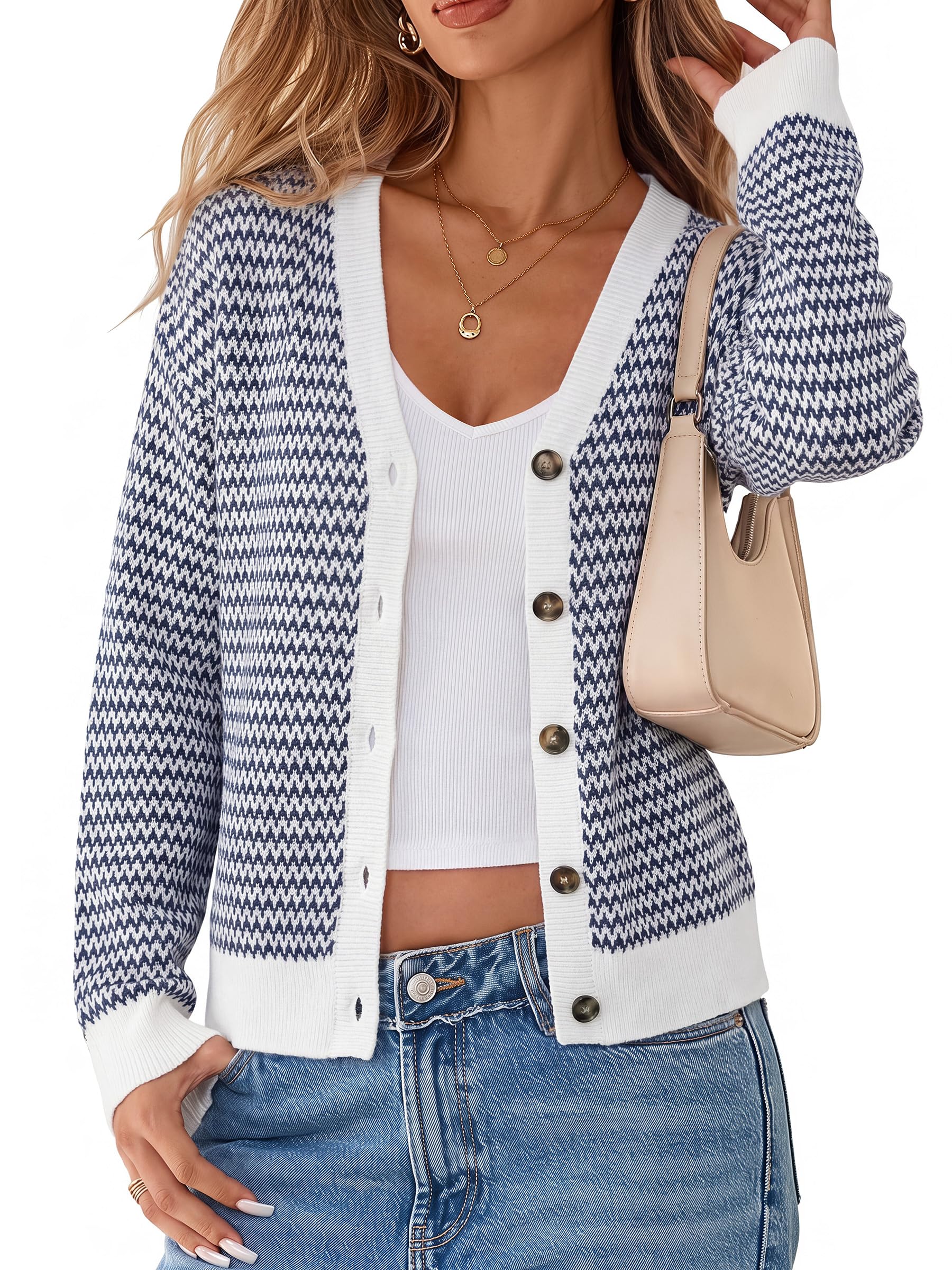 Arach&Cloz Women's V Neck Button Front Striped Casual Fall Cardigan Sweater