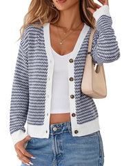 Arach&Cloz Women's V Neck Button Front Striped Casual Fall Cardigan Sweater