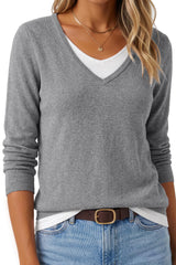 Arach&Cloz Women's Wool Blend 2 in 1 Patchwork V Neck Casual Sweater Tops