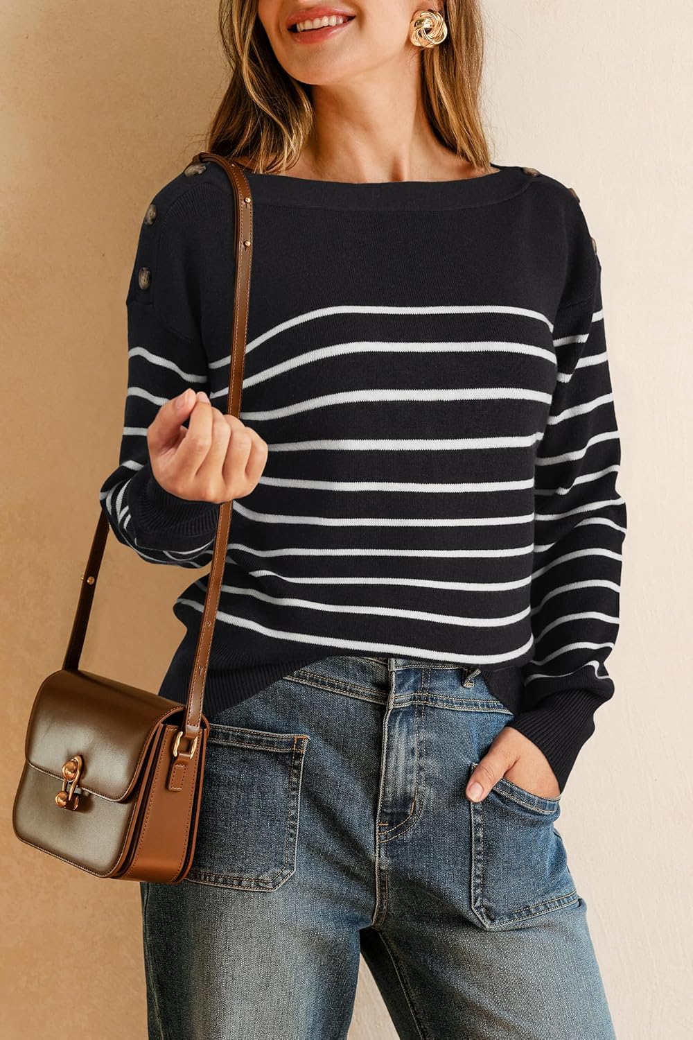 Arach&Cloz Women's Wool Blend Striped Boat Neck Fall Dressy Casual Sweater Tops 2025