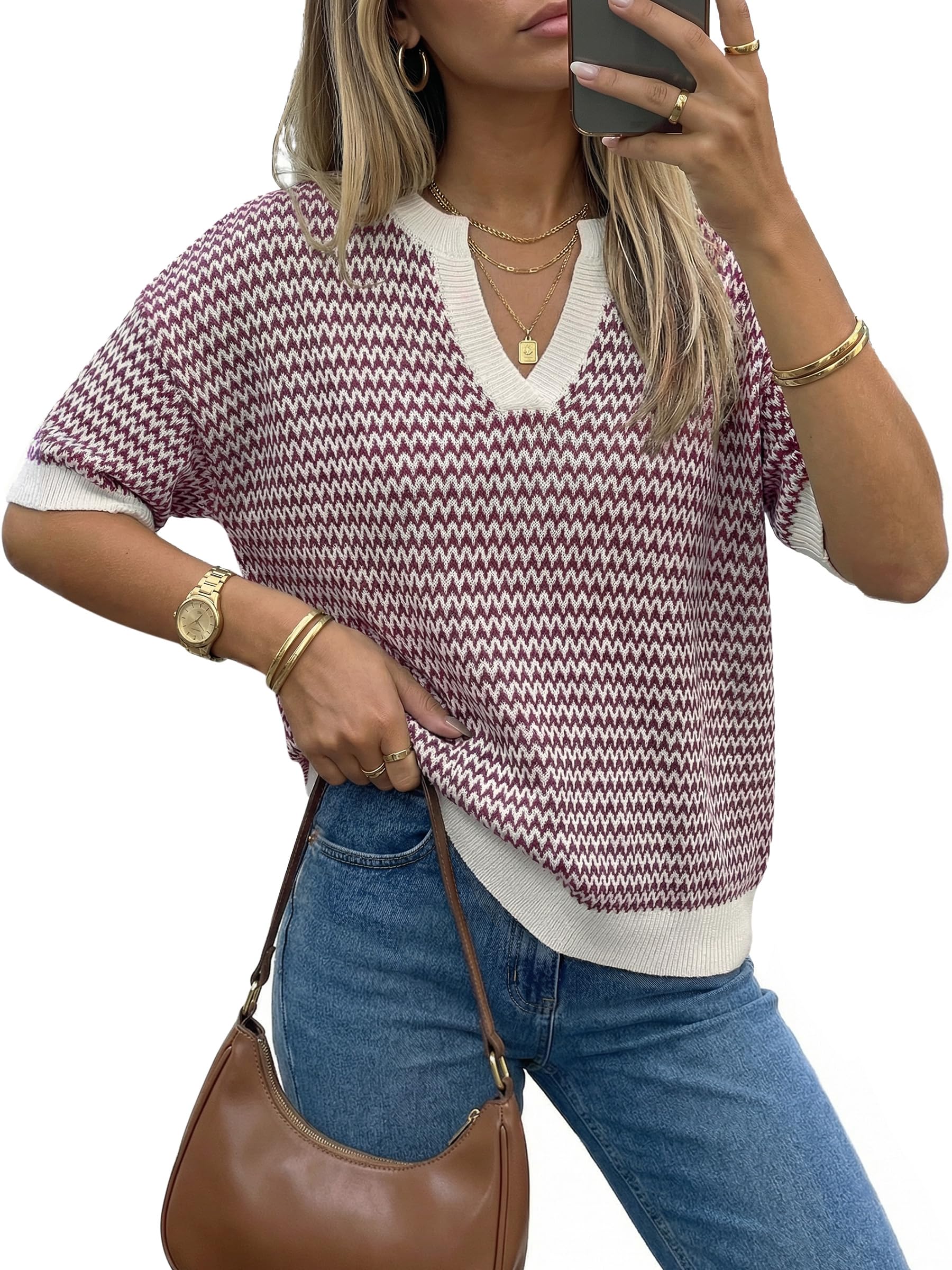 Arach&Cloz Women's Striped Short Sleeve Sweater Work Casual Fashion Trendy