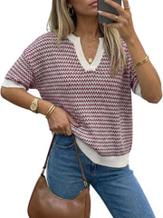 Arach&Cloz Women's Striped Short Sleeve Sweater Work Casual Fashion Trendy