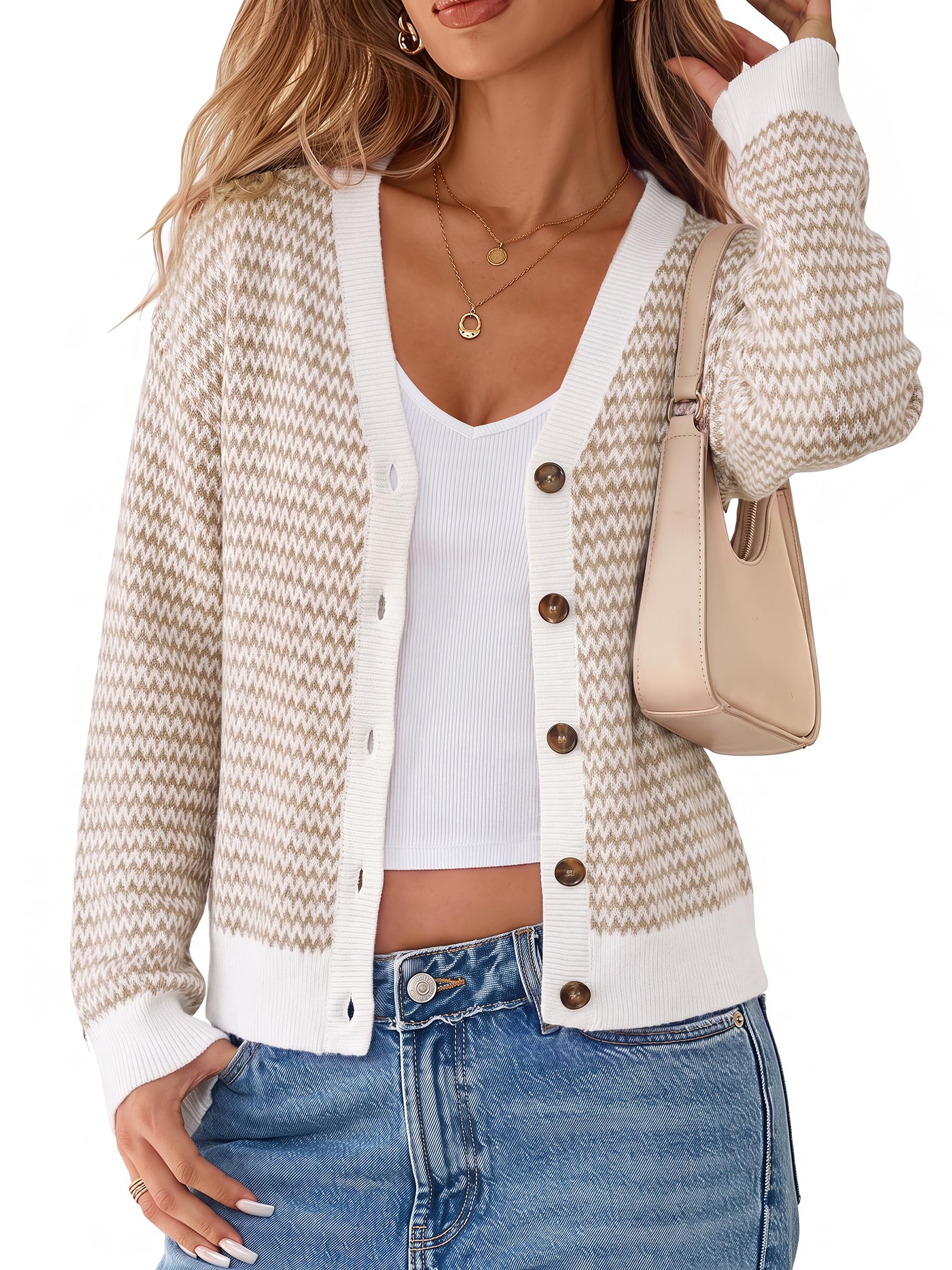 Arach&Cloz Women's V Neck Button Front Striped Casual Fall Cardigan Sweater