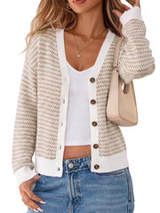 Arach&Cloz Women's V Neck Button Front Striped Casual Fall Cardigan Sweater