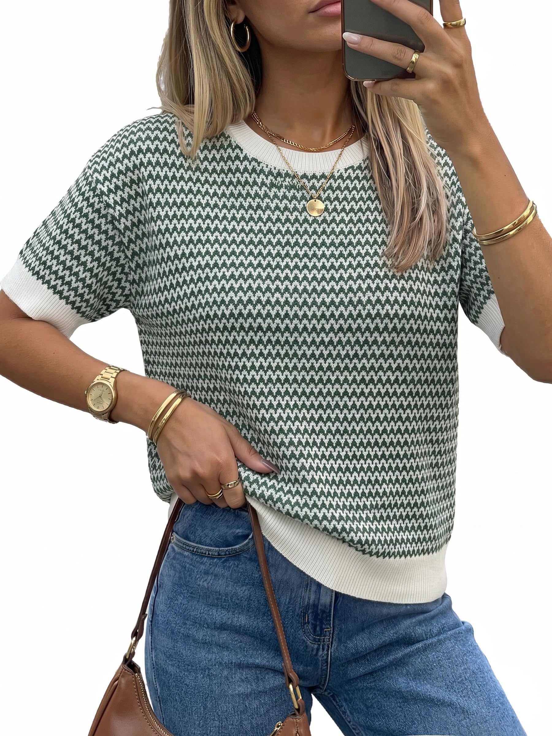 Arach&Cloz Women's Classic Striped Summer Crewneck Sweater Work Tops 2026