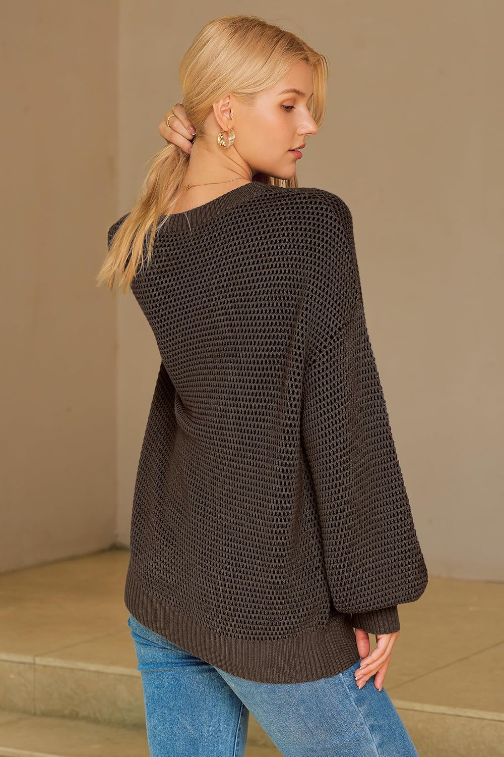 Arach&Cloz Women's Wool Blend Crewneck Fall Trendy Oversized Waffle Sweaters 2025