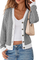 Arach&Cloz Women's V Neck Button Front Striped Casual Fall Cardigan Sweater