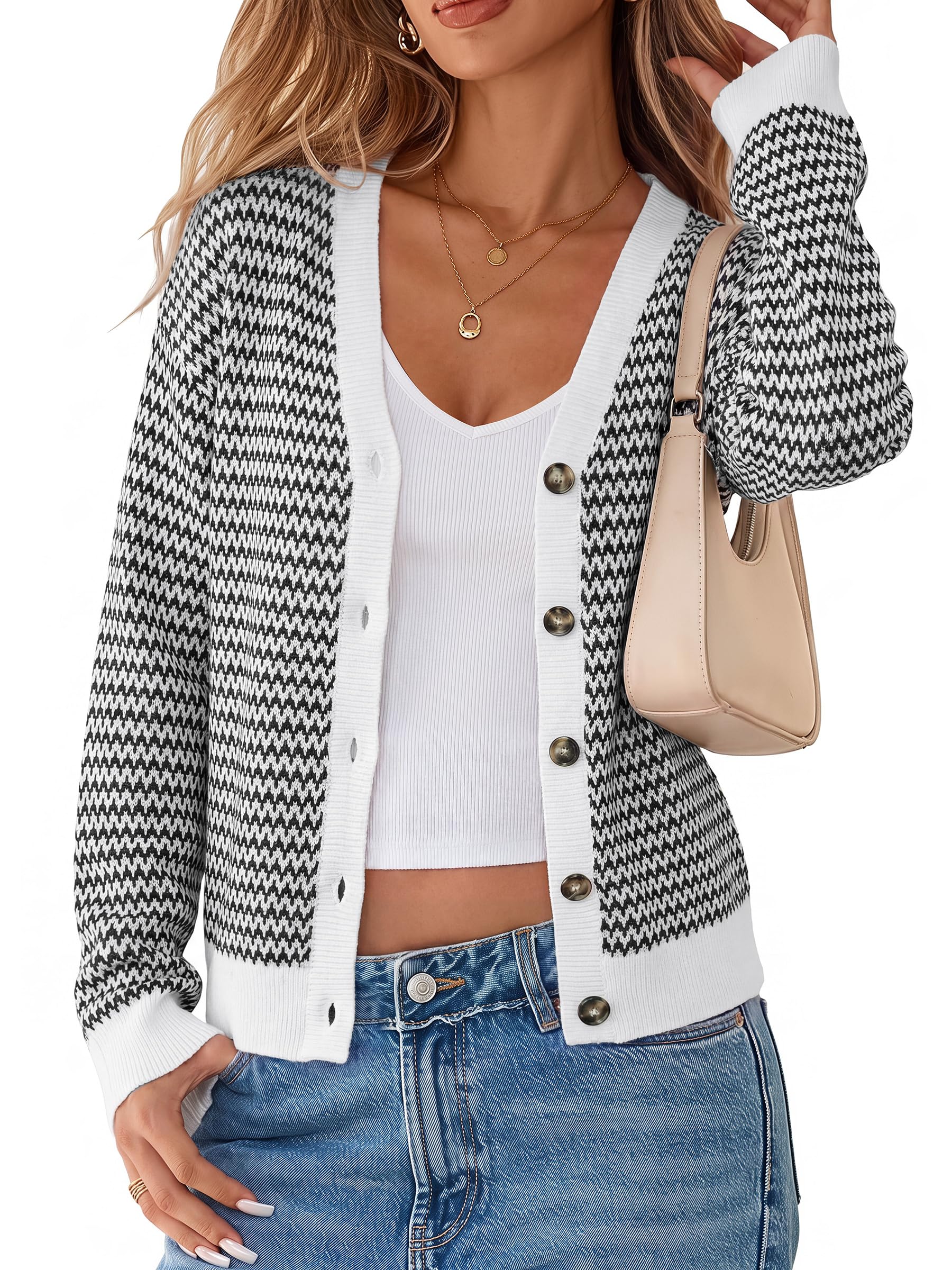 Arach&Cloz Women's V Neck Button Front Striped Casual Fall Cardigan Sweater