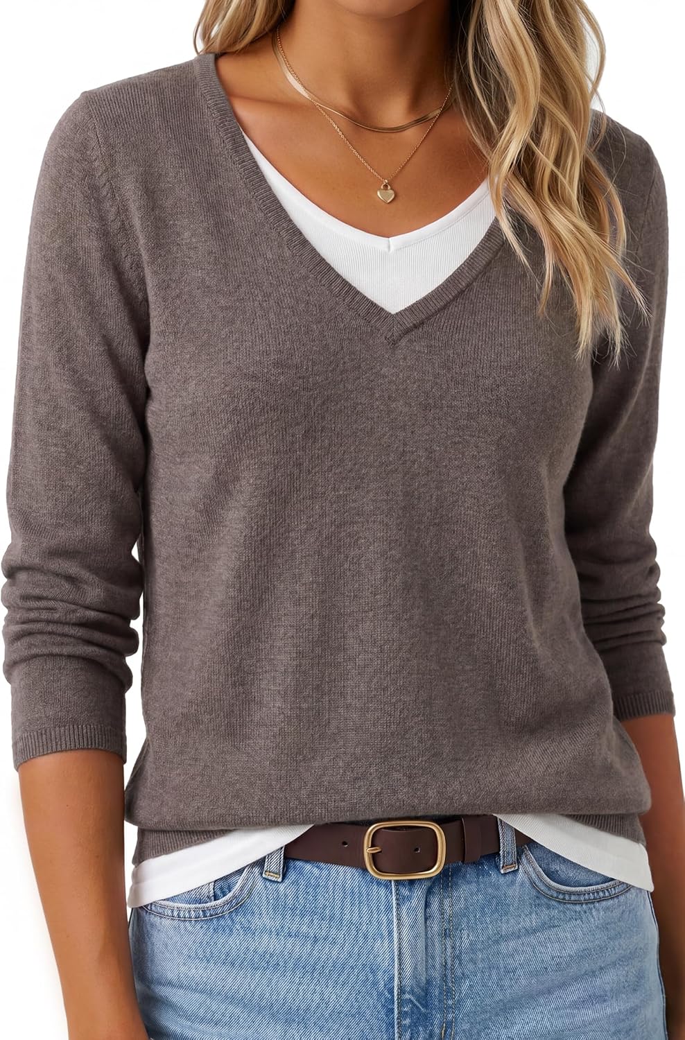 Arach&Cloz Women's Wool Blend 2 in 1 Patchwork V Neck Casual Sweater Tops