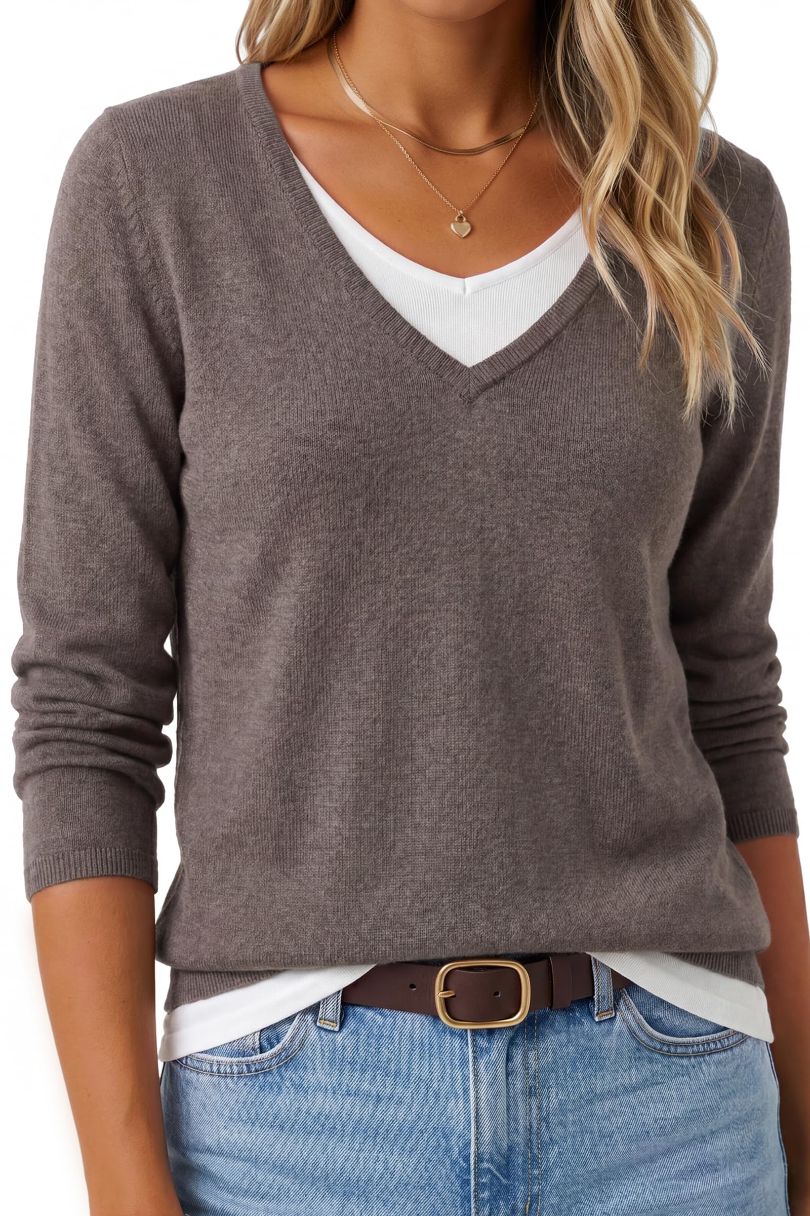 Arach&Cloz Women's Wool Blend 2 in 1 Patchwork V Neck Casual Sweater Tops