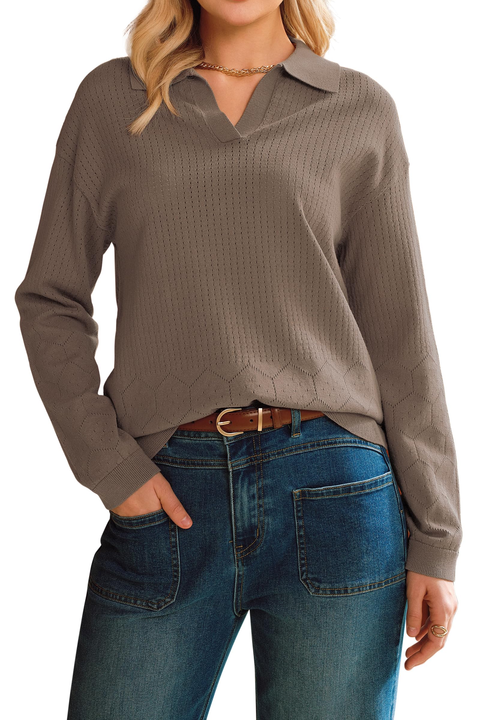 Arach&Cloz Women's 100% Cotton Collared V Neck Eyelet Knit Spring Polo Shirts 2026