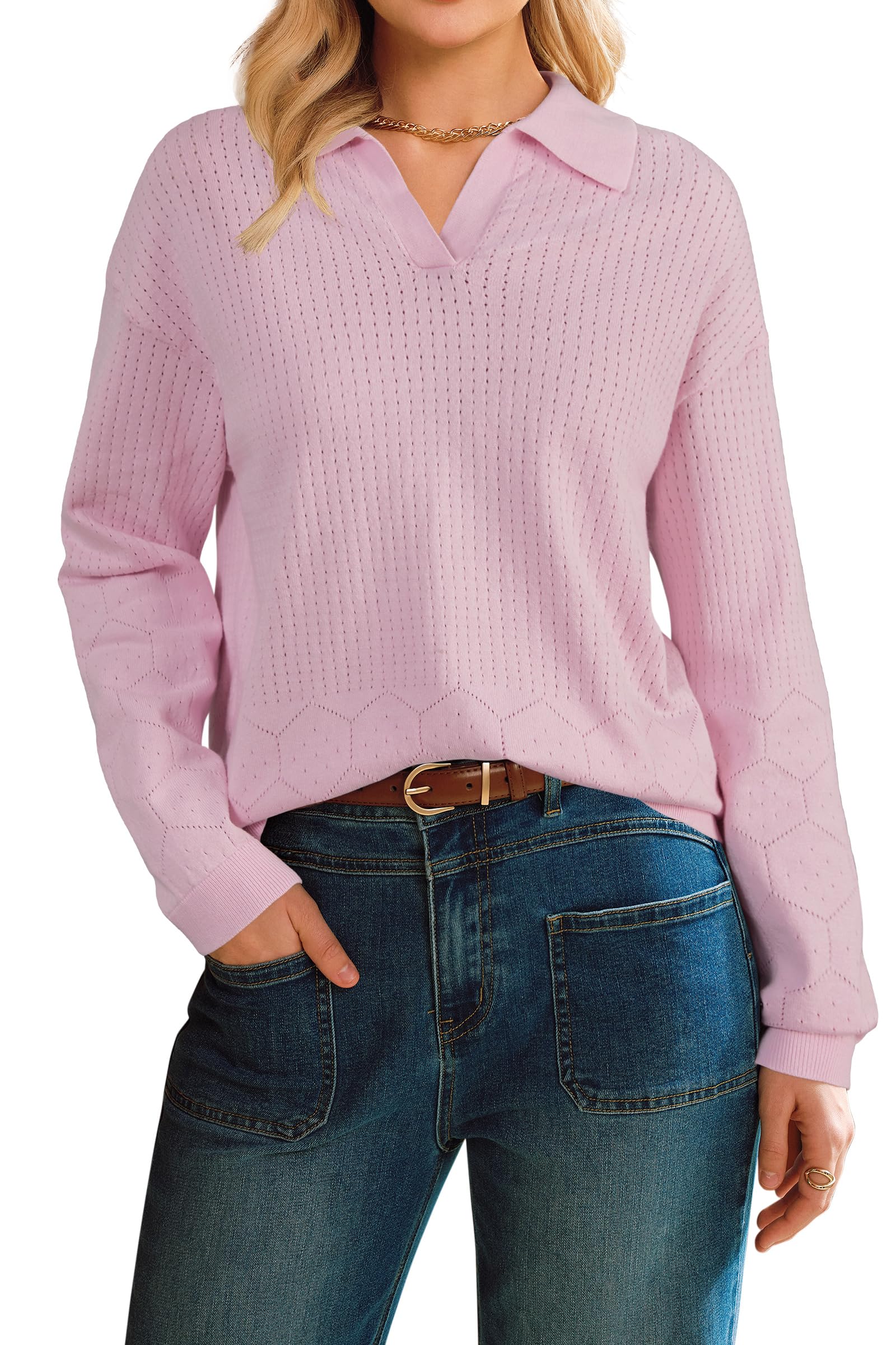 Arach&Cloz Women's 100% Cotton Collared V Neck Eyelet Knit Spring Polo Shirts 2026