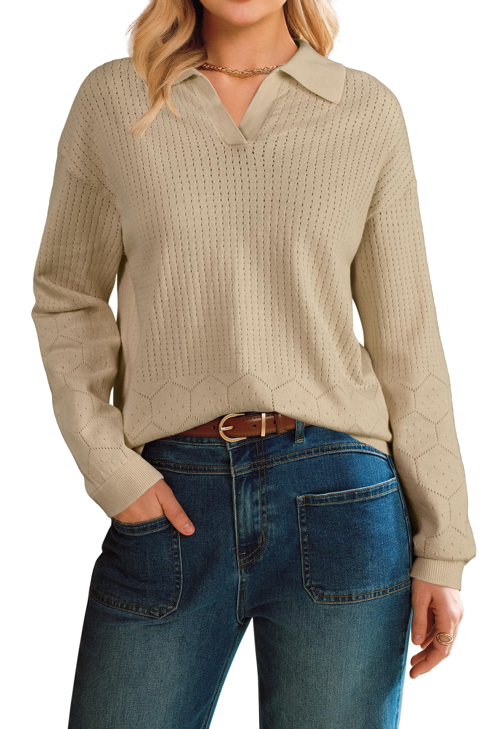 Arach&Cloz Women's 100% Cotton Collared V Neck Eyelet Knit Spring Polo Shirts 2026