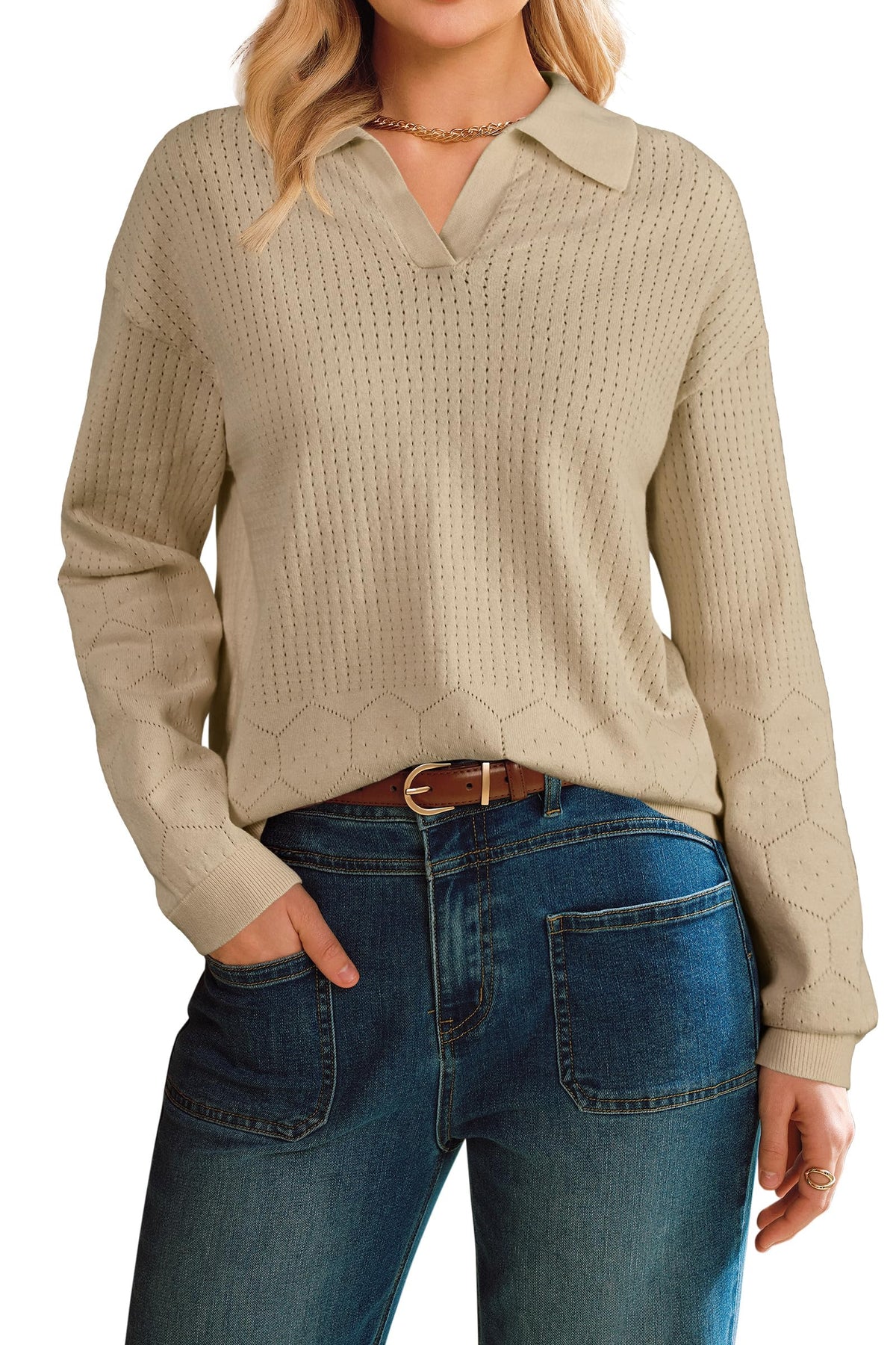 Arach&Cloz 100% Cotton Eyelet-Knit V-Neck Polo Knit Top — product image 7