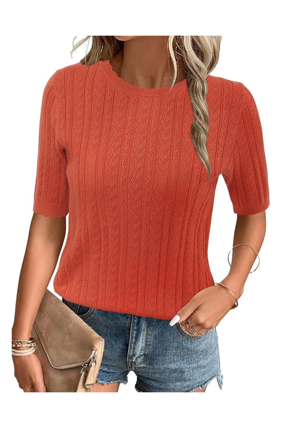 Arach&Cloz Women's Summer Fall Scalloped Lace Cuff Crewneck Tops Textured Shirts