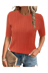 Arach&Cloz Women's Summer Fall Scalloped Lace Cuff Crewneck Tops Textured Shirts