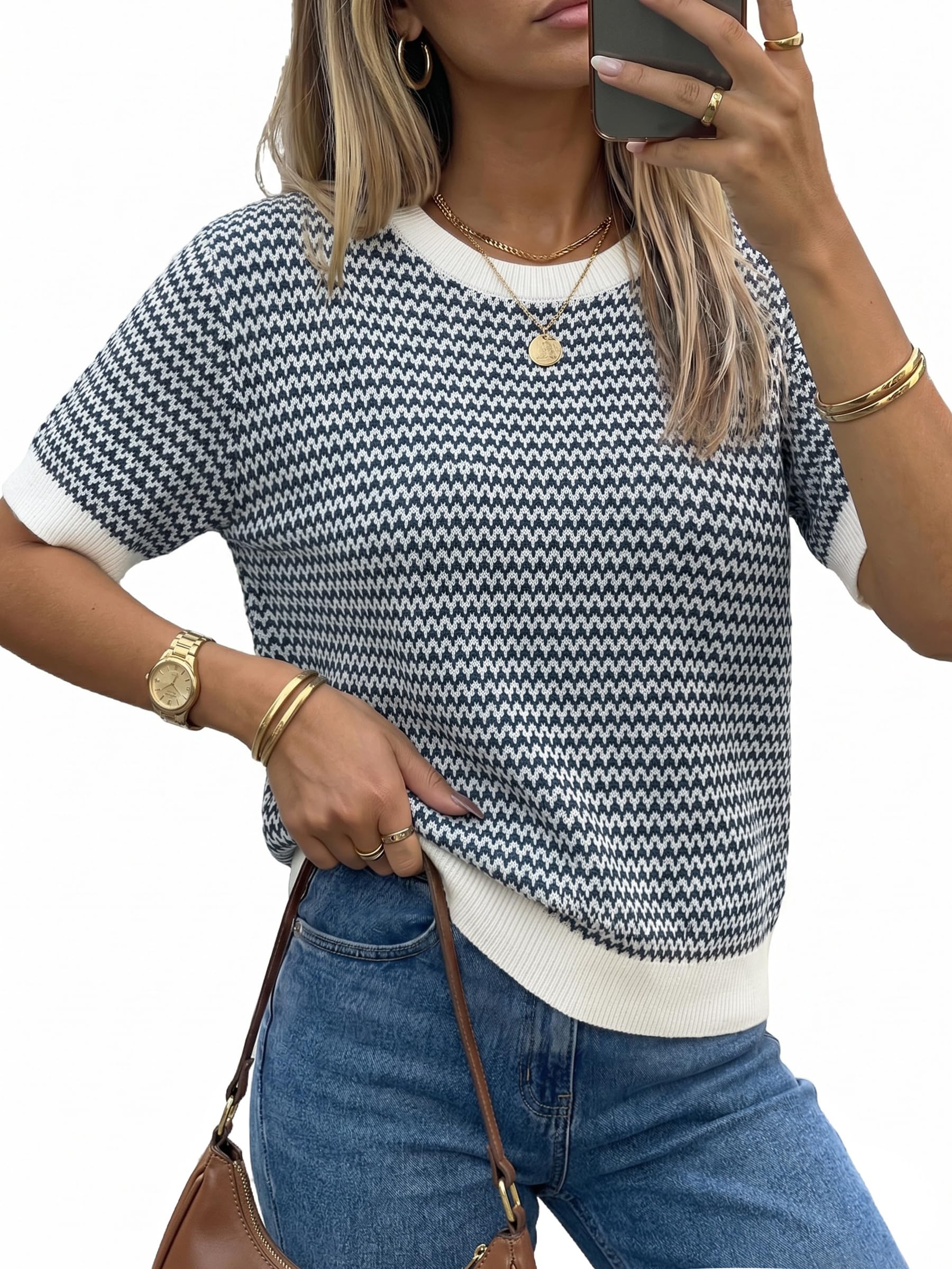 Arach&Cloz Women's Classic Striped Summer Crewneck Sweater Work Tops 2026