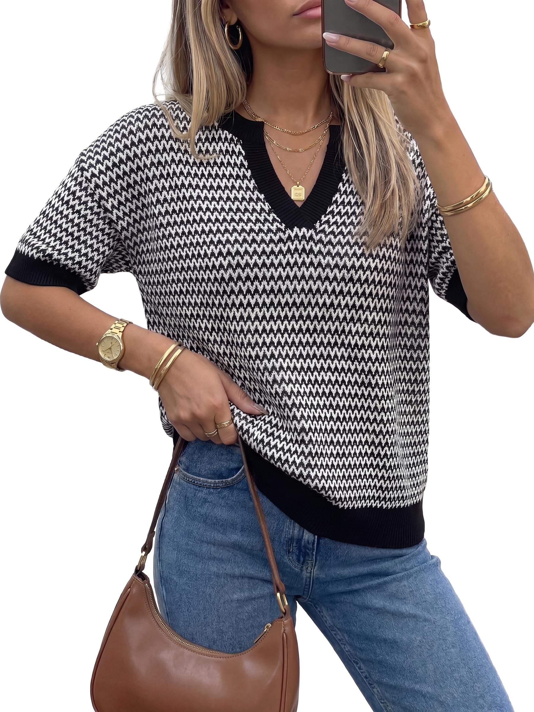 Arach&Cloz Women's Striped Short Sleeve Sweater Work Casual Fashion Trendy