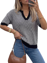 Arach&Cloz Women's Striped Short Sleeve Sweater Work Casual Fashion Trendy