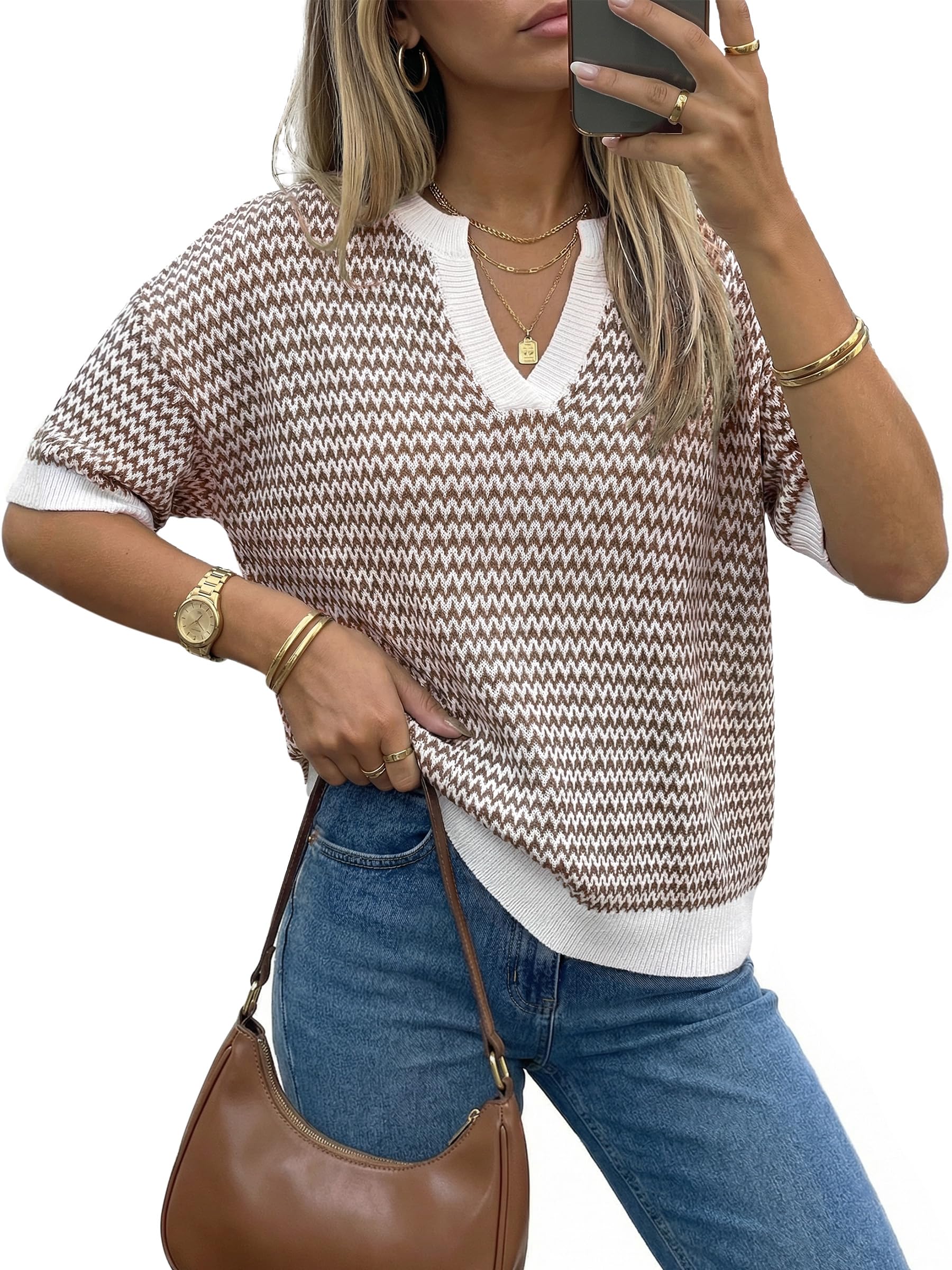 Arach&Cloz Women's Striped Short Sleeve Sweater Work Casual Fashion Trendy