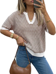 Arach&Cloz Women's Striped Short Sleeve Sweater Work Casual Fashion Trendy