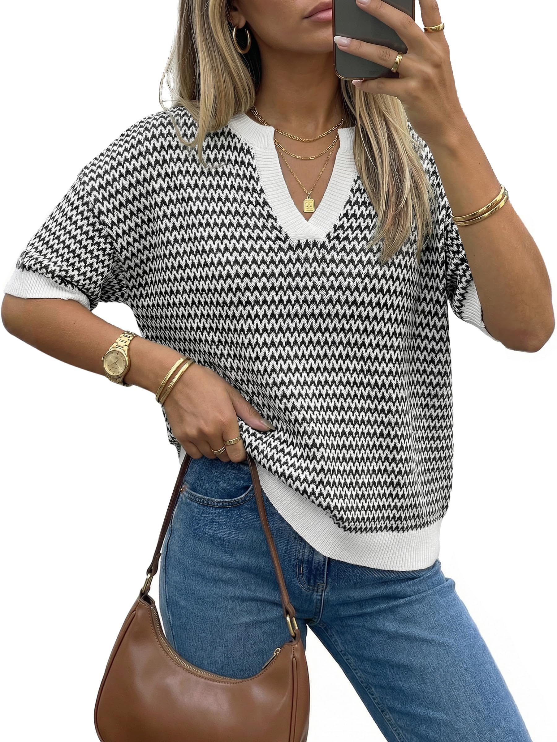 Arach&Cloz Women's Striped Short Sleeve Sweater Work Casual Fashion Trendy