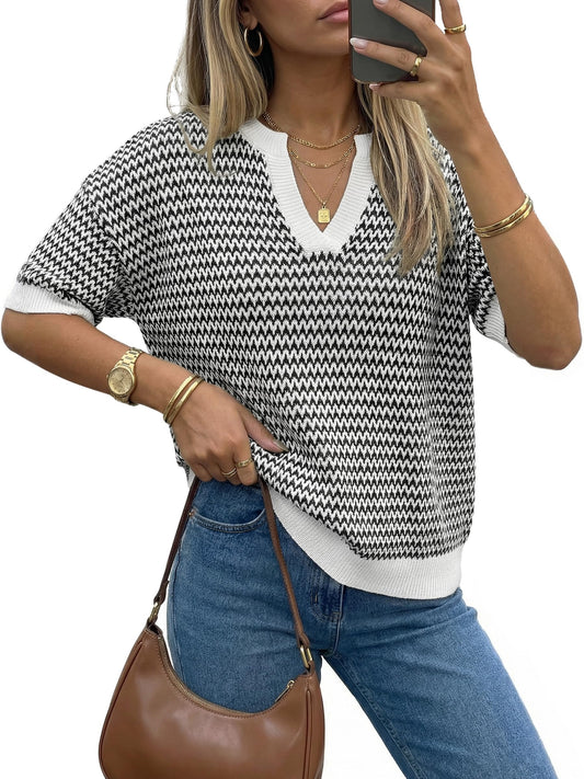 Arach&Cloz Women's Striped Short Sleeve Sweater Work Casual Fashion Trendy