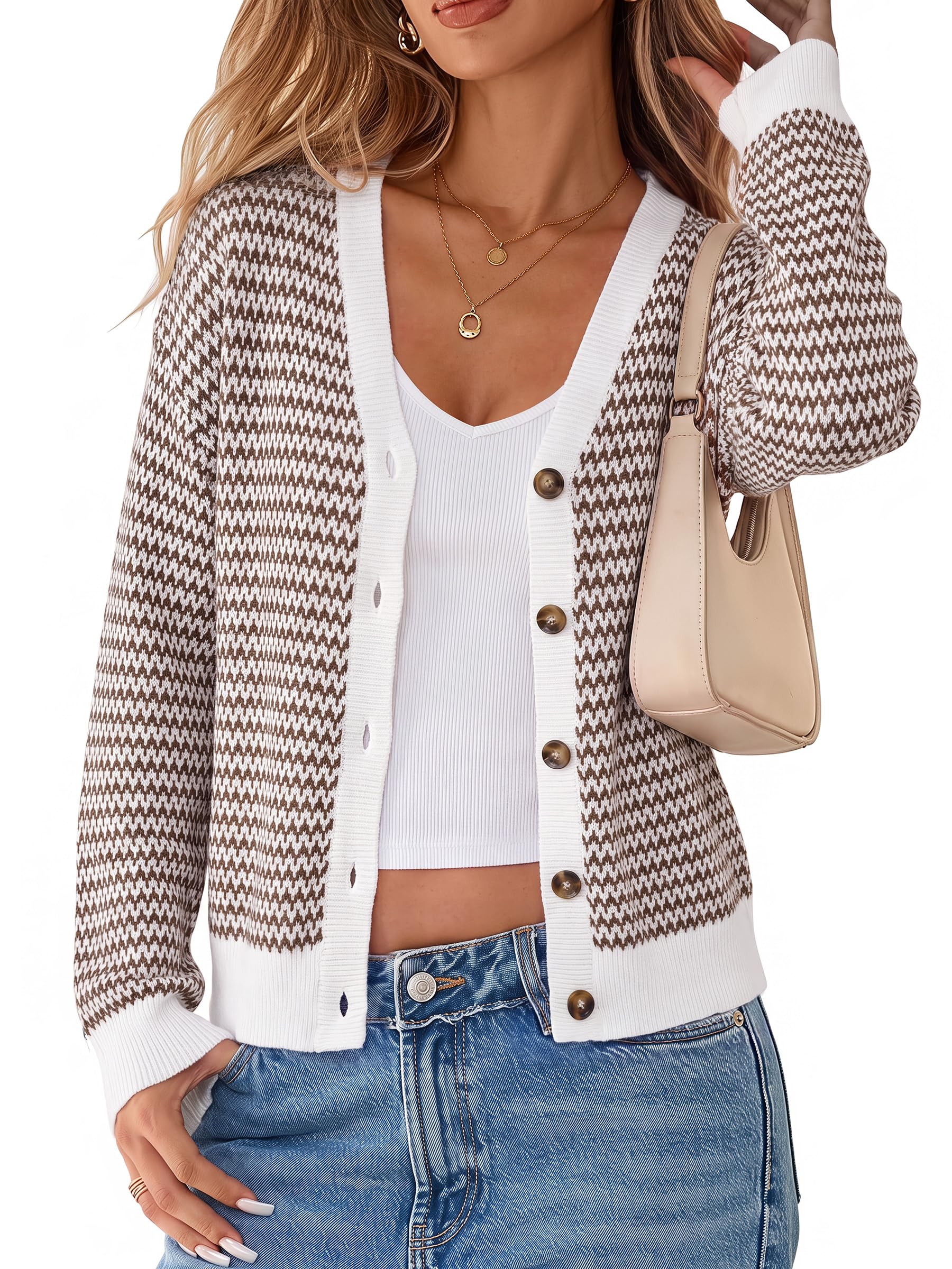 Arach&Cloz Women's V Neck Button Front Striped Casual Fall Cardigan Sweater