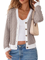 Arach&Cloz Women's V Neck Button Front Striped Casual Fall Cardigan Sweater
