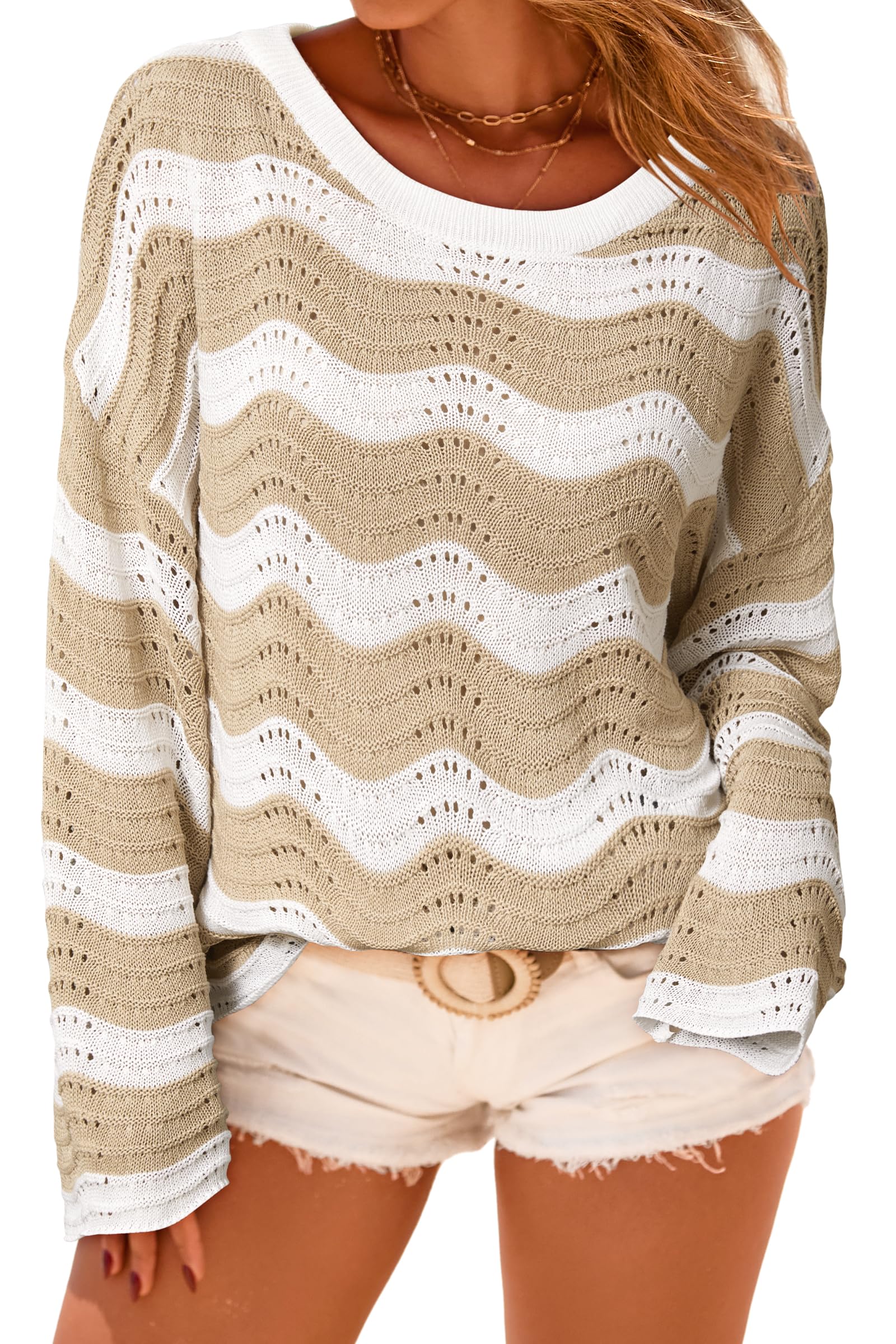 Arach&Cloz Women's Linen Blend Crochet Bell Sleeve Beach Vacation Striped Tops 2026