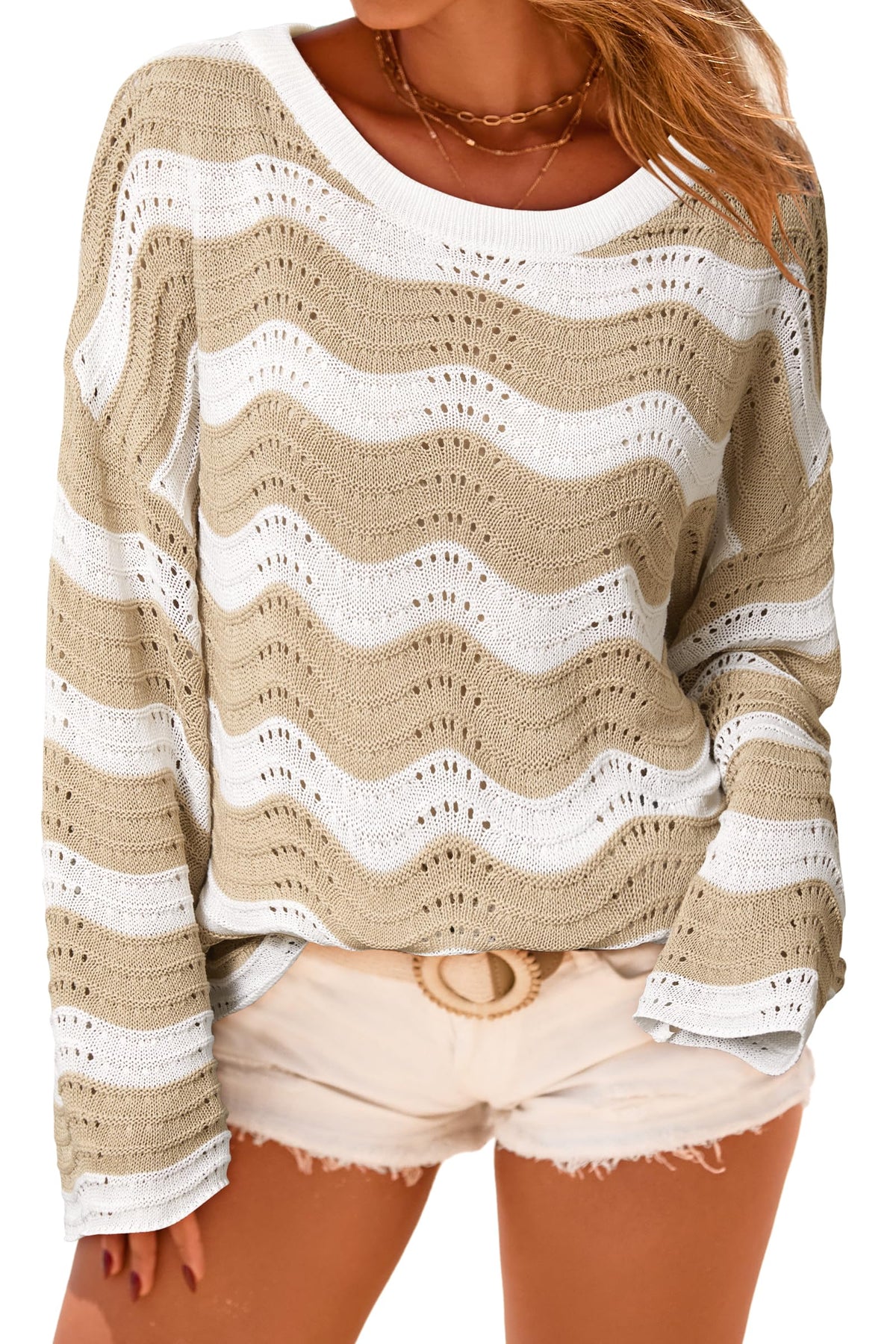 Arach&Cloz Linen-Blend Crochet Striped Knit Top — product image 8