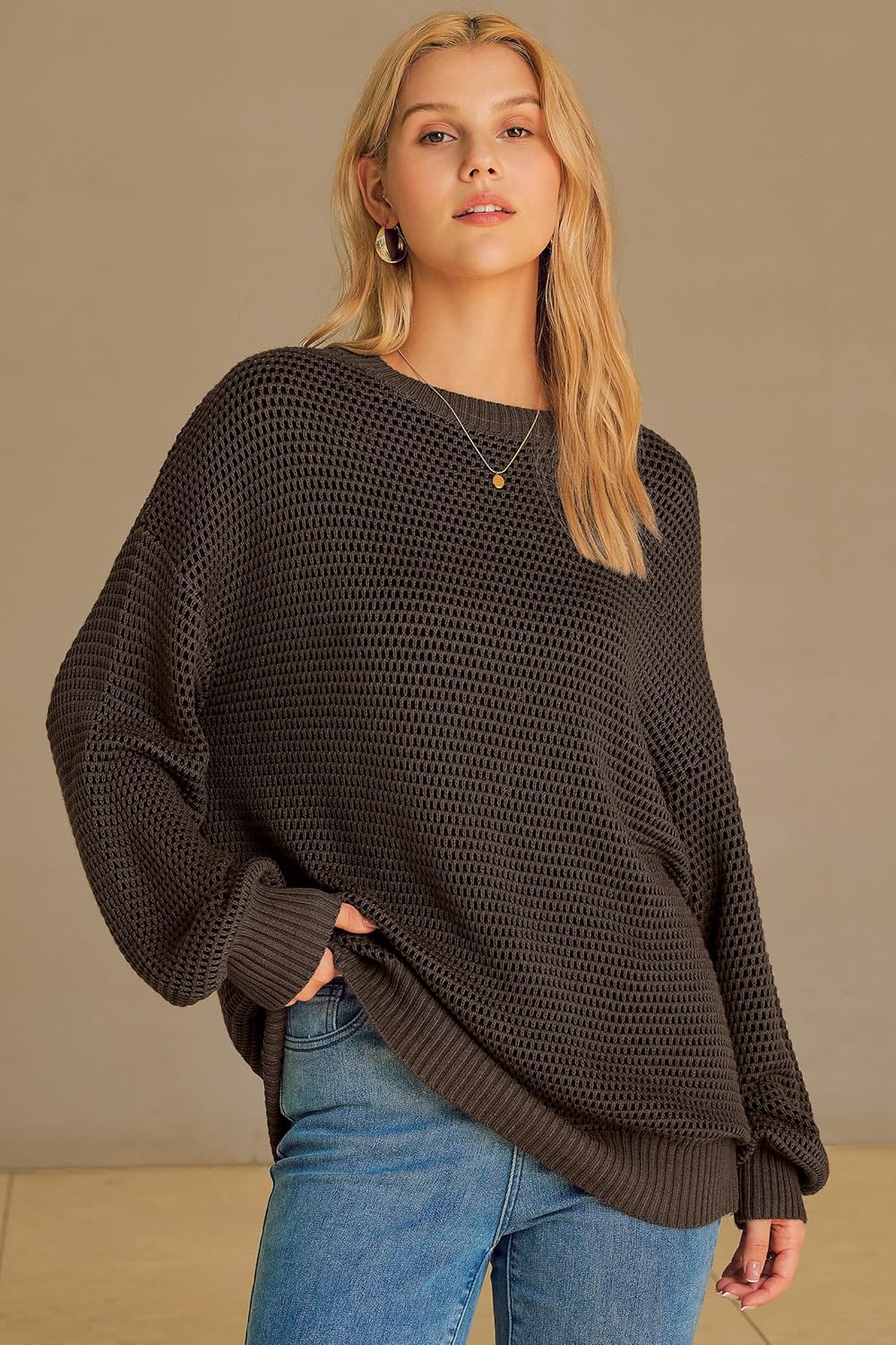 Arach&Cloz Wool-Blend Waffle-Knit Crew-Neck Oversized Pullover — product image 3