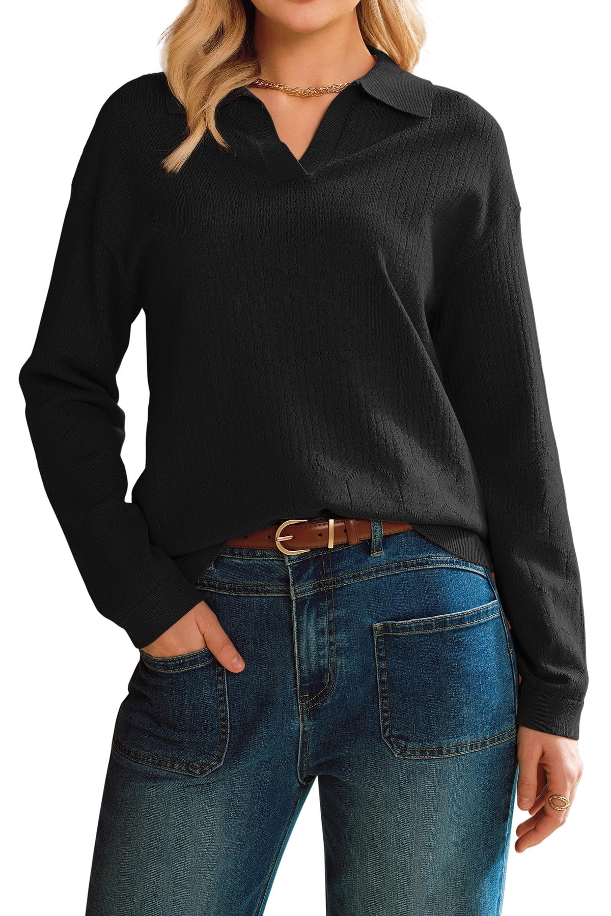 Arach&Cloz 100% Cotton Eyelet-Knit V-Neck Polo Knit Top — product image 10