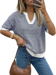 Arach&Cloz Women's Striped Short Sleeve Sweater Work Casual Fashion Trendy